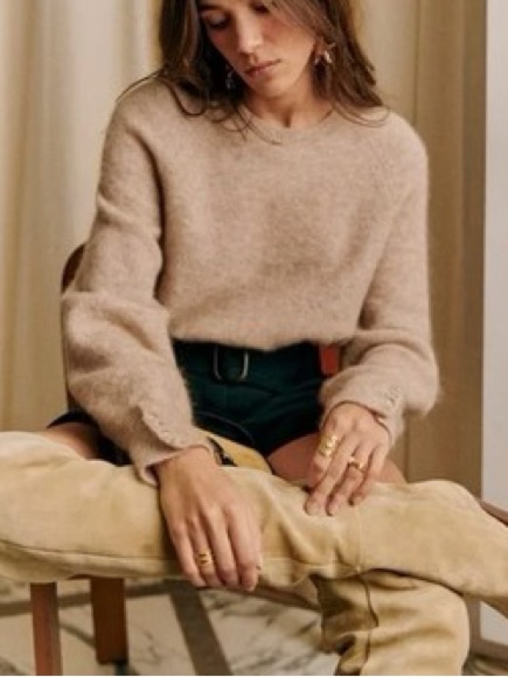 Sezane Louisa Jumper Sweater Size XL Tan Neutral Tan Balloon Sleeve Button Crew